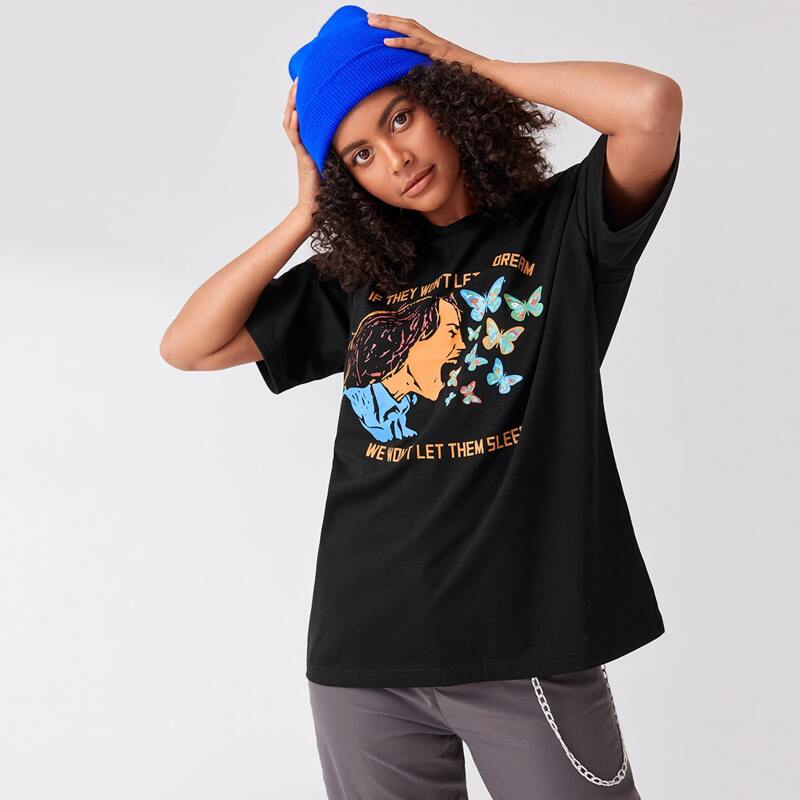 

Butterfly & Letter Graphic Tee, Black