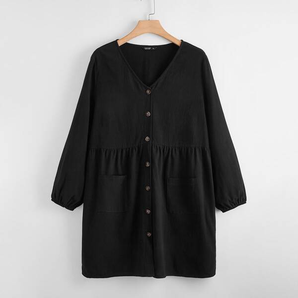 

Plus Button Front Dual Pockets Smock Dress, Black