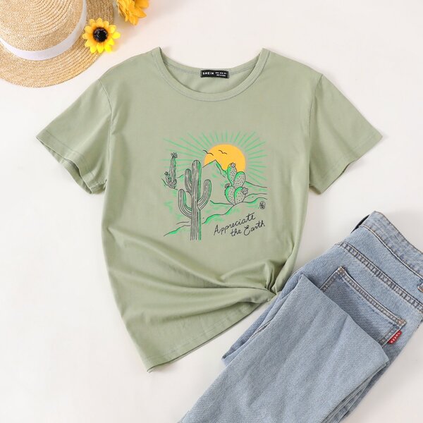 

Plants & Slogan Graphic Round Neck Tee, Green
