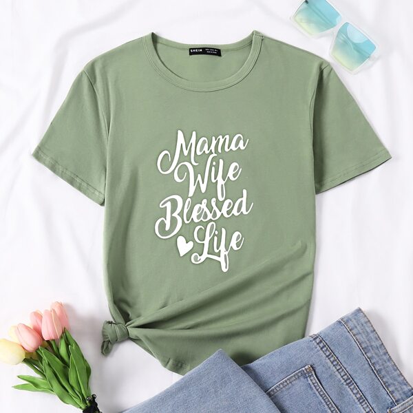 

Slogan Graphic Round Neck Tee, Olive green