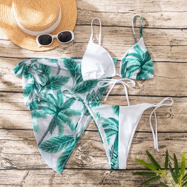 

3pack Plant Print Triangle Bikini Swimsuit & Beach Skirt, Multicolor
