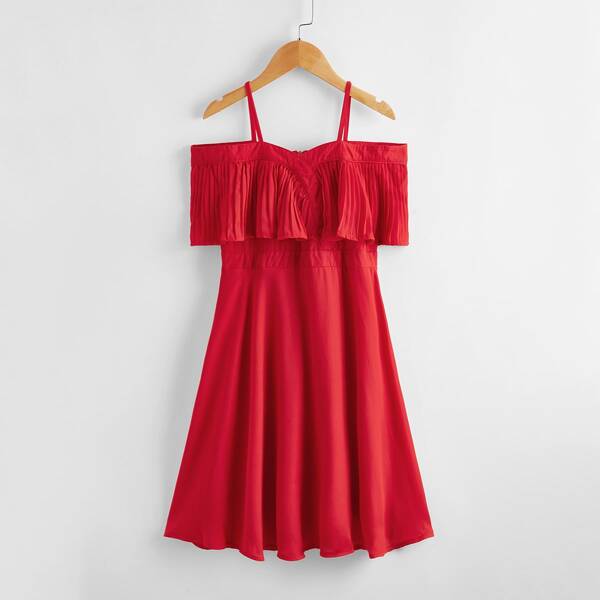 

Girls Pleated Zip Back Dress, Red
