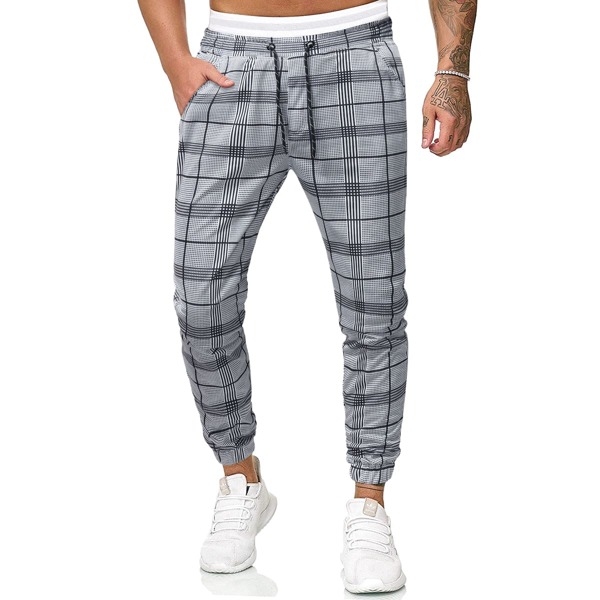 

Men Drawstring Waist Plaid Pants, Grey