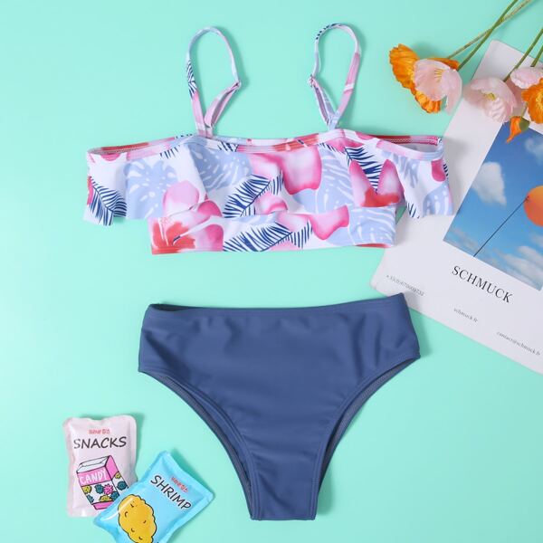 

Girls Tropical Flounce Bikini Swimsuit, Multicolor