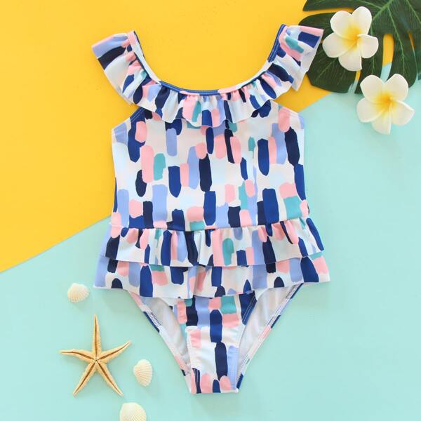 

Toddler Girls Color Block Ruffle Trim One Piece Swimsuit, Multicolor