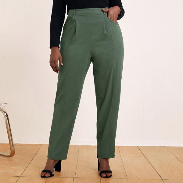 

Plus Slant Pocket Fold Pleated Pants Without Belt, Green