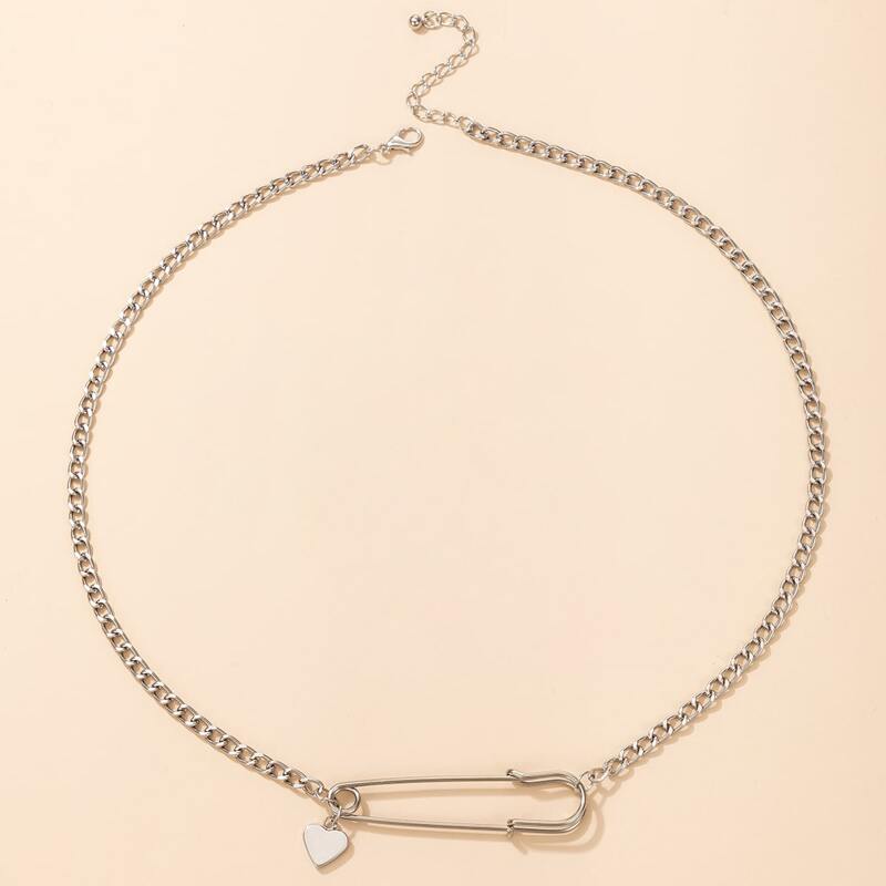 

Heart & Paper Clip Design Chain Necklace, Silver