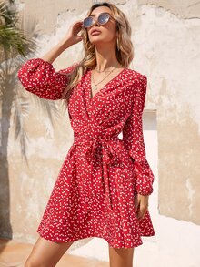 滿版心形圖案前交叉腰帶連衣裙 - 紅色 - 查看 4