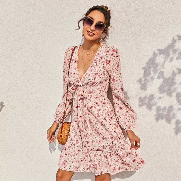 

Allover Floral Print Knot Front Ruffle Hem Dress, Multicolor
