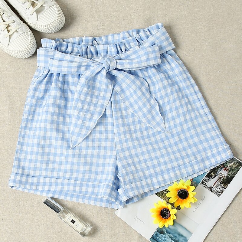 

Gingham Paper Bag Waist Belted Shorts, Pastel baby blue