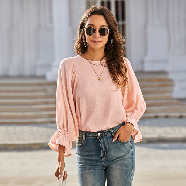 

Solid Keyhole Back Flounce Sleeve Blouse, Baby pink