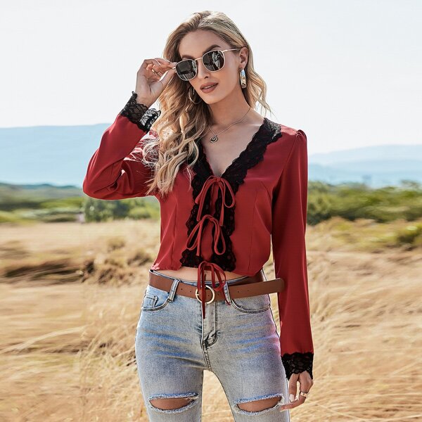 

Tie Front Lace Trim Top, Red