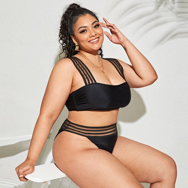 

Plus Plain High Waisted Bikini Swimsuit, Black