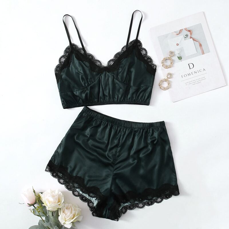 

Lace Trim Satin Cami Top & Shorts PJ Set, Dark green