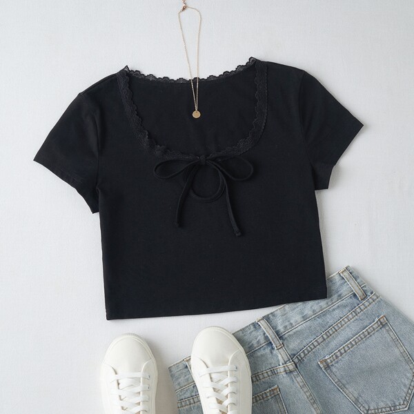 

Tie Front Peekaboo Lace Trim Tee, Black