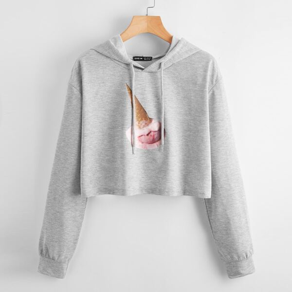 

Ice Cream Print Drawstring Hoodie, Light grey
