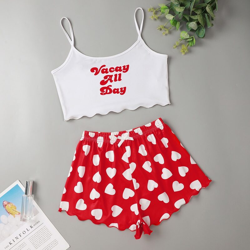 

Letter & Heart Print Scallop Trim PJ Set, Red and white