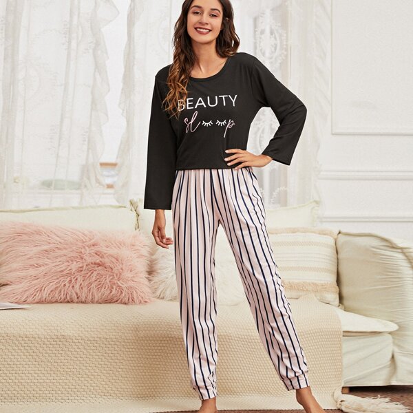 

Letter Graphic & Vertical Striped PJ Set, Black and white