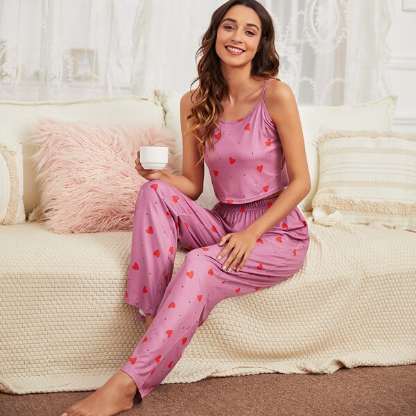 

Heart & Polka Dot Print Pajama Set, Dusty pink