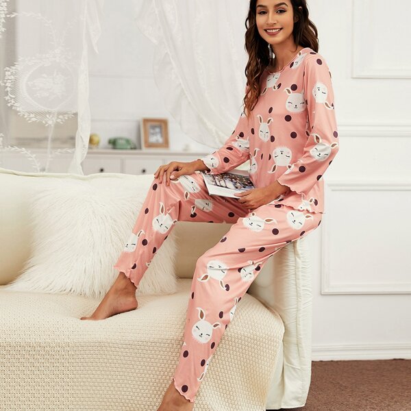 

Rabbit & Polka Dot Bow Pajama Set, Coral pink