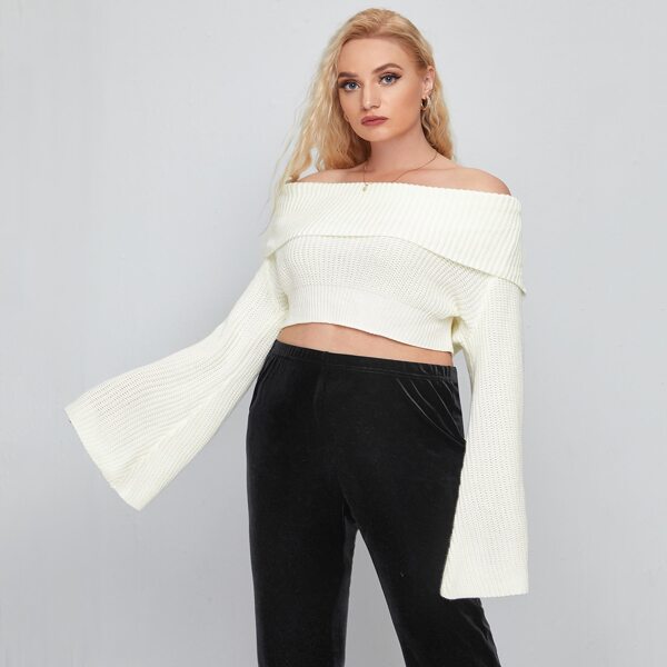 

Plus Fold Off Shoulder Crop Sweater, Beige