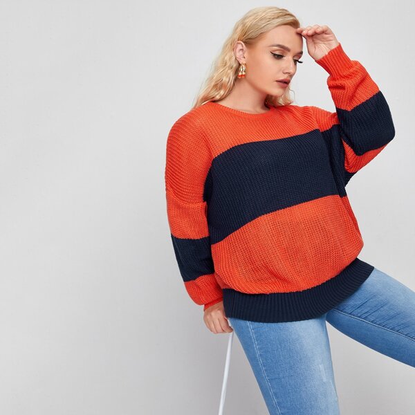 

Plus Drop Shoulder Colorblock Rib-knit Sweater, Multicolor