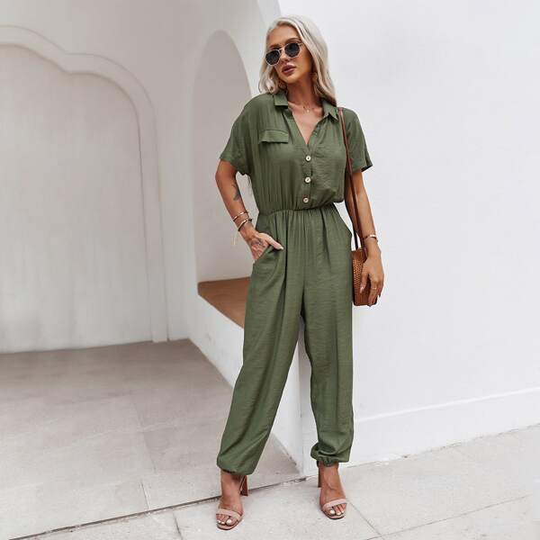 

Half Button Batwing Sleeve Shirt Jumpsuit, Army green