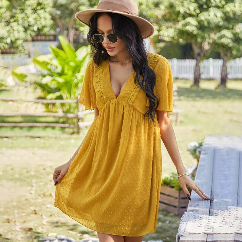

Swiss Dot Deep V Neck Smock Dress, Yellow