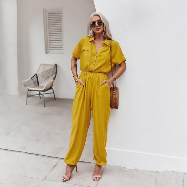 

Flap Detail Gathered Waist Jumpsuit, Mustard yellow