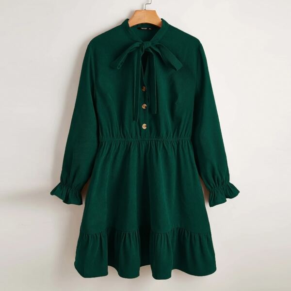 

Plus Corduroy Ruffle Hem Smock Dress, Dark green