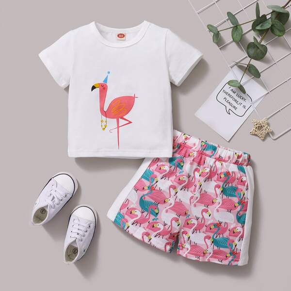 

Baby Girl Flamingo Print Tee With Shorts, Multicolor