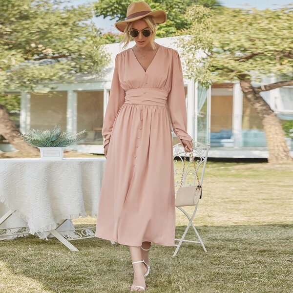 

Puff Sleeve V-neck Split Thigh A-line Dress, Baby pink
