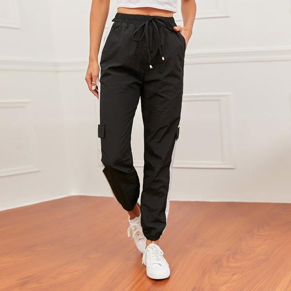 

Drawstring Waist Panel Side Cargo Pants, Black