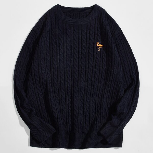 

Men Crane Pattern Cable Knit Sweater, Navy blue