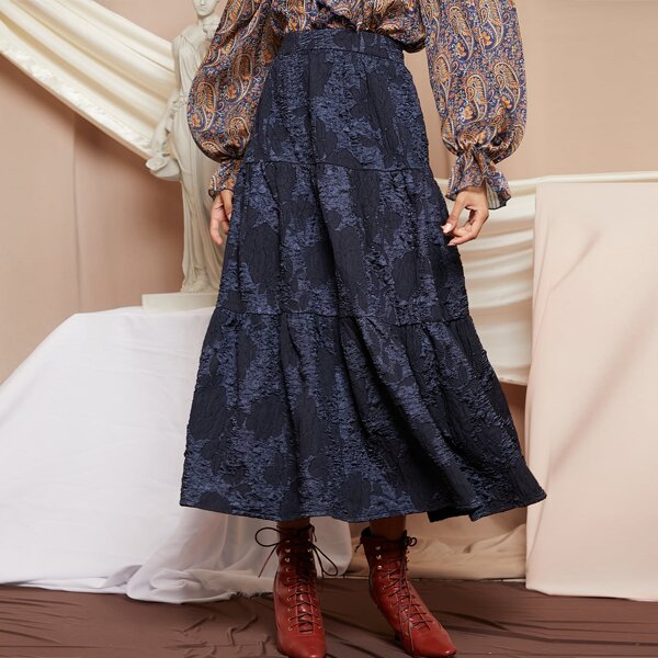 

Flounce Hem Jacquard Applique Skirt, Navy blue
