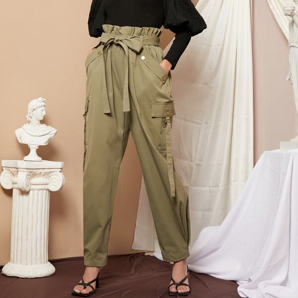 

Flap Pocket Paper Bag Waist Belted Pants, Army green