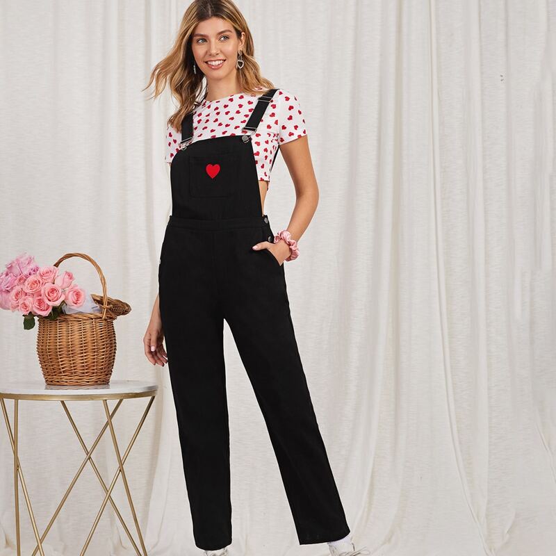 

Heart Embroidery Slant Pocket Overalls, Black