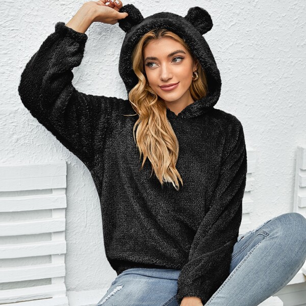 

3D Ear Hooded Teddy Sweatshirt, Black