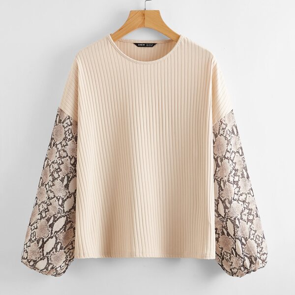 

Snakeskin Pattern Sleeve Rib-knit Top, Beige