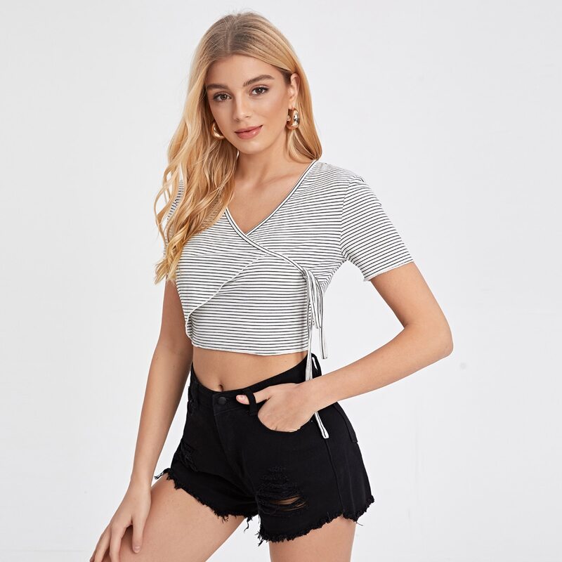

Striped Knot Side Wrap Crop Top, White