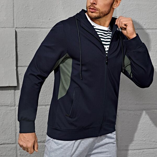

Men Contrast Panel Drawstring Hooded Sports Jacket, Navy blue
