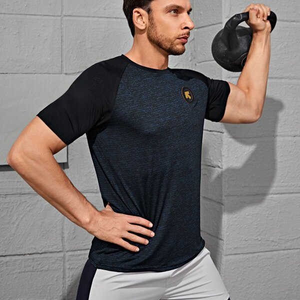

Men Raglan Sleeve Patched Sports Tee, Navy blue
