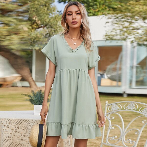 

Ruffle Hem Smock Dress, Mint green