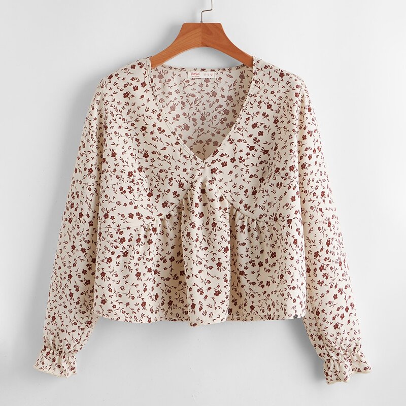 

Ditsy Floral Ruffle Blouse, Beige