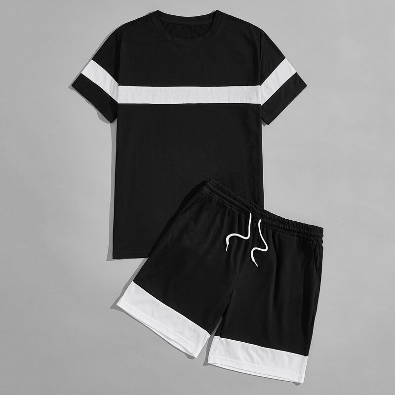 

Guys Contrast Panel Tee With Drawstring Track Shorts, Black