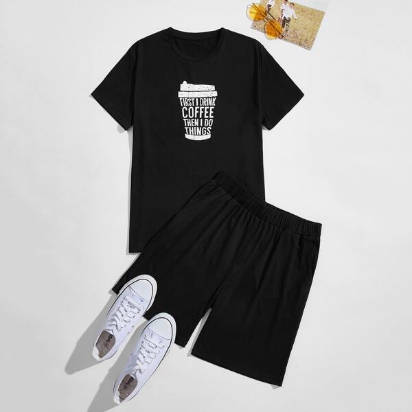 

Men Slogan Graphic Tee With Track Shorts, Black