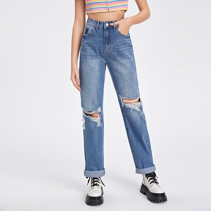 

Slant Pocket Roll Hem Ripped Jeans, Medium wash