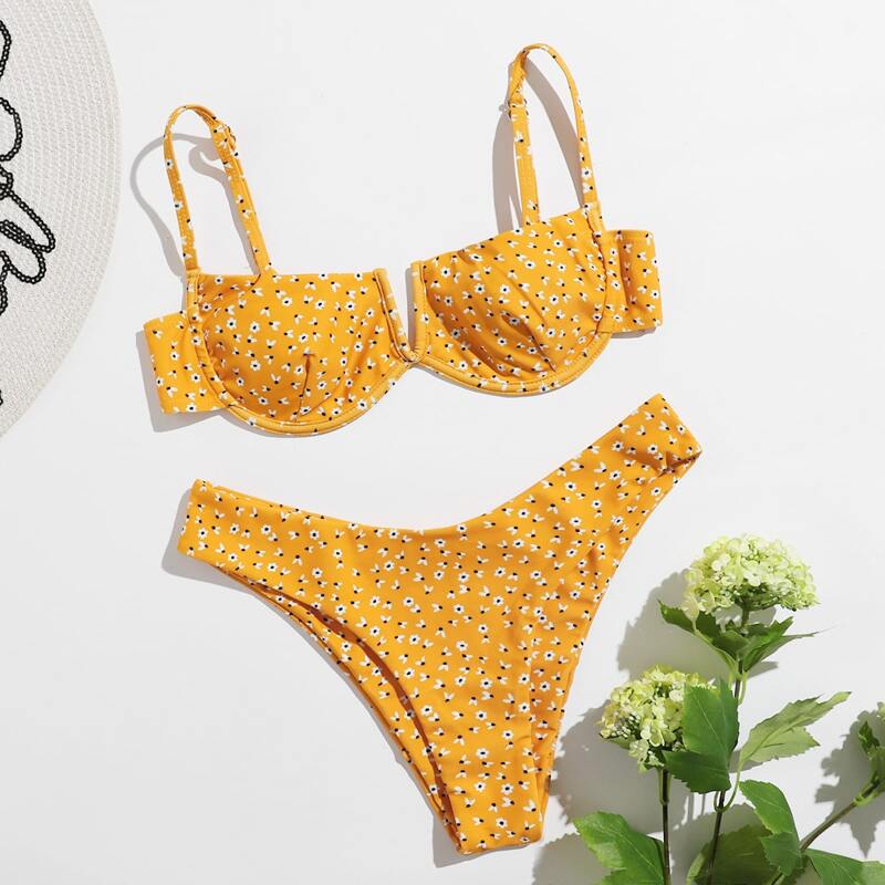 

Ditsy Floral High Cut Bikini Swimsuit, Mustard yellow