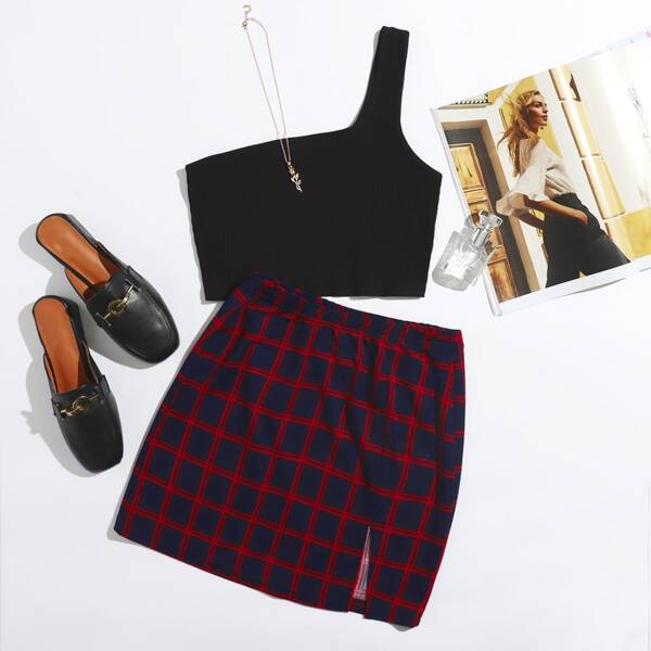 

One Shoulder Crop Top and Grid Split Hem Skirt Set, Multicolor