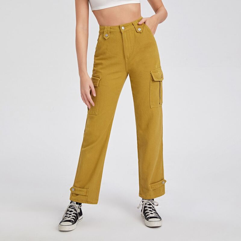 

High Waist Flap Pocket Straight Jeans, Yellow